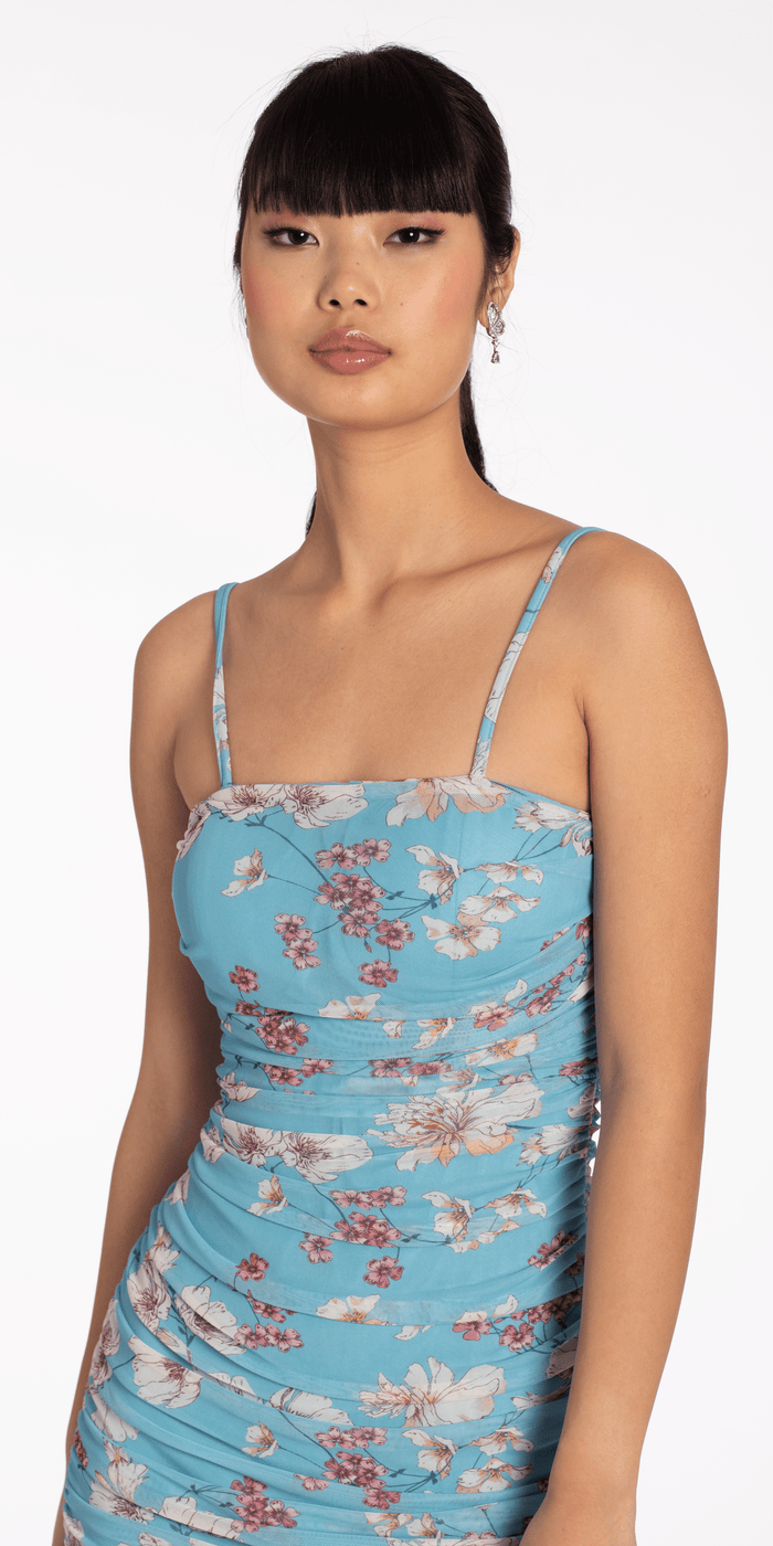 Square Neck Spaghetti Strap Floral Mesh Ruched Bodycon Dress - Camille La Vie