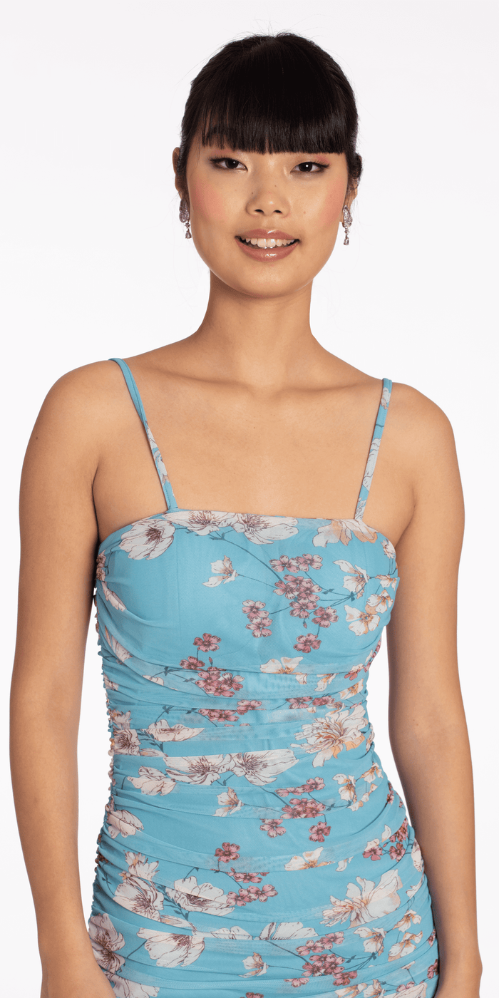 Square Neck Spaghetti Strap Floral Mesh Ruched Bodycon Dress - Camille La Vie