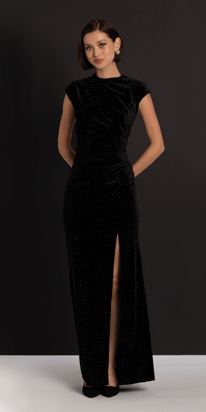 black-silver/size/4/missy/Camille La Vie/Stone Encrusted Velvet Mock Neck Cap Sleeve Column Dress Vie/front alt