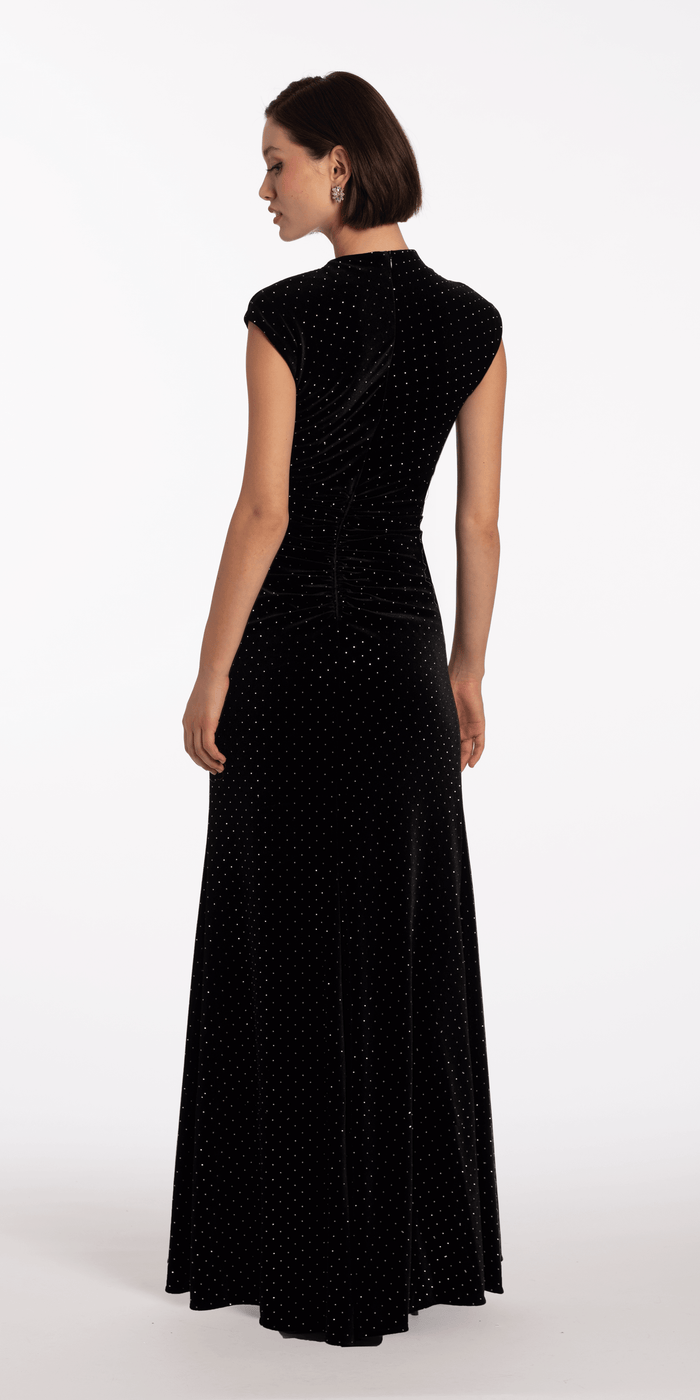 black-silver/size/4/missy/Camille La Vie/Stone Encrusted Velvet Mock Neck Cap Sleeve Column Dress Vie/back