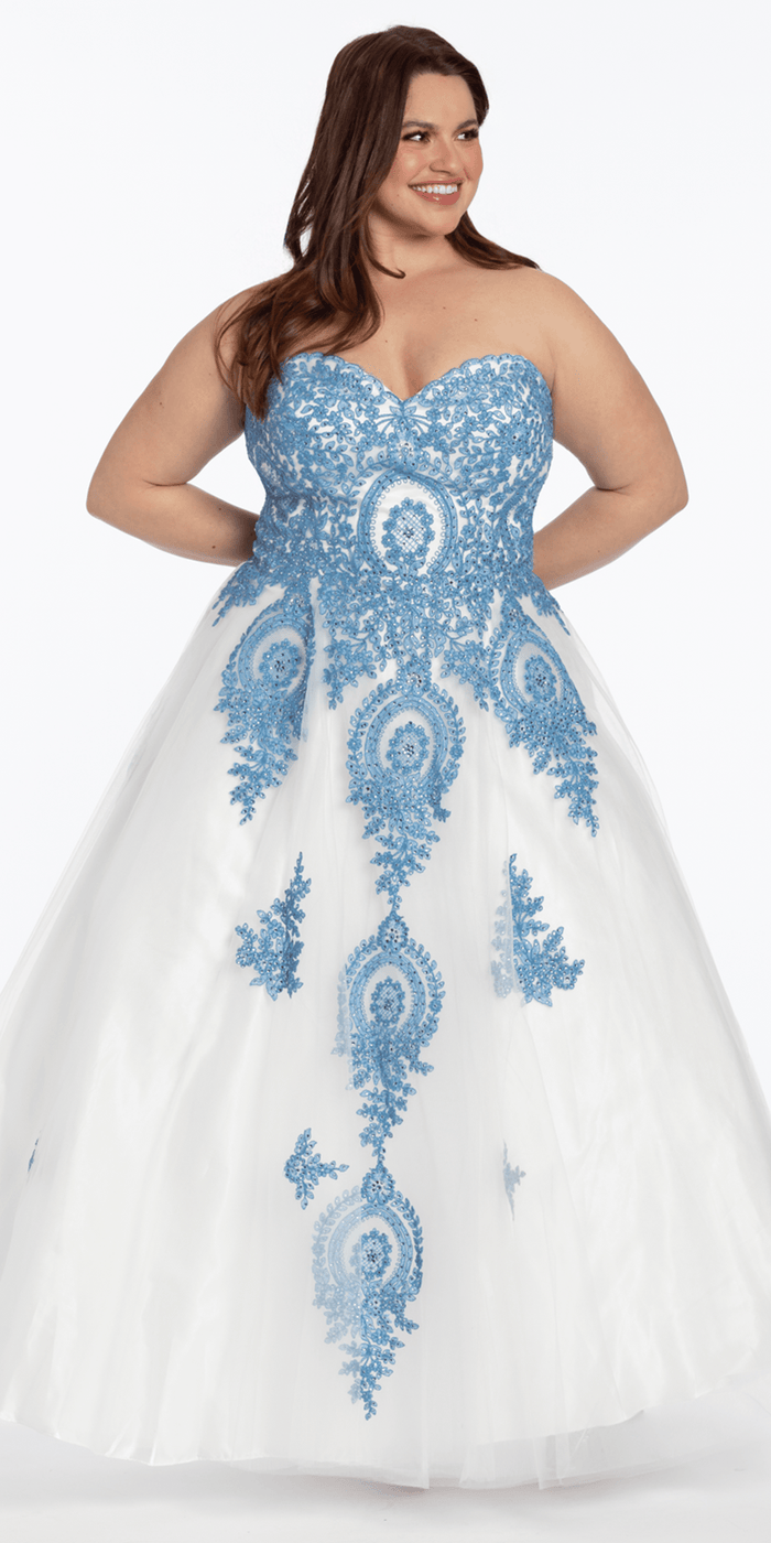 ivory-blue/ size/14/plus/Camille La Vie/Strapless Beaded Embroidered Tulle Ballgown/front