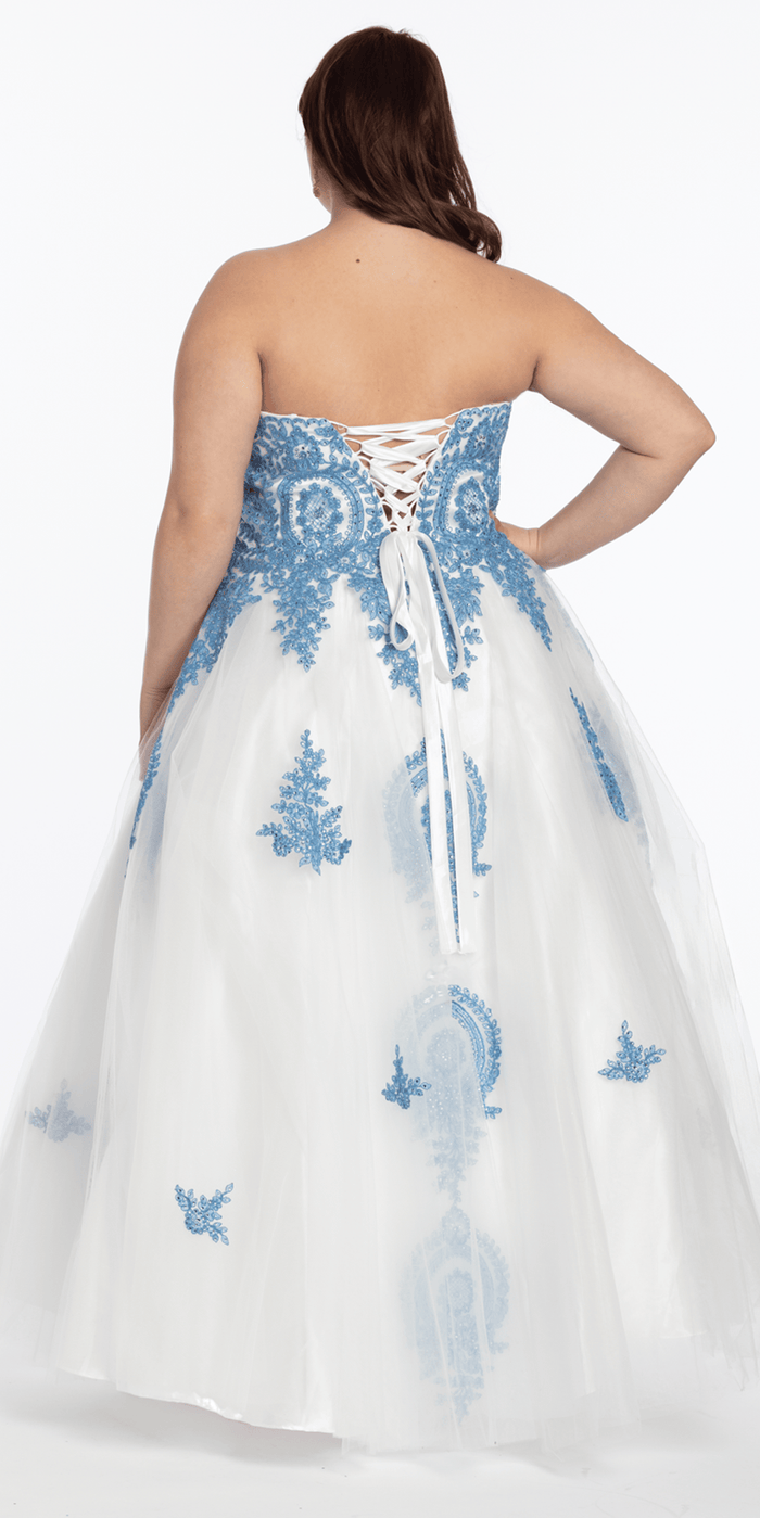 ivory-blue/ size/14/plus/Camille La Vie/Strapless Beaded Embroidered Tulle Ballgown/back