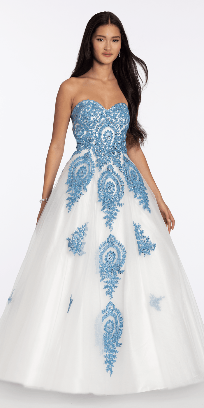 ivory-blue/ size/4/missy/Camille La Vie/Strapless Beaded Embroidered Tulle Ballgown/front