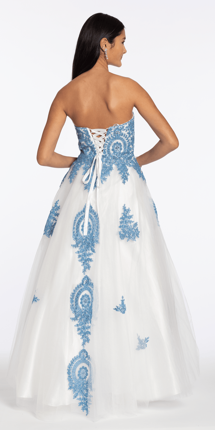 ivory-blue/ size/4/missy/Camille La Vie/Strapless Beaded Embroidered Tulle Ballgown/back