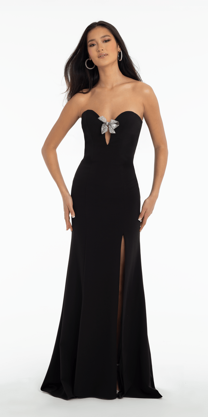black/size/4/ missy/Camille La Vie/Strapless Crepe Trumpet Dress with Organza Bow Back and Shawl/front