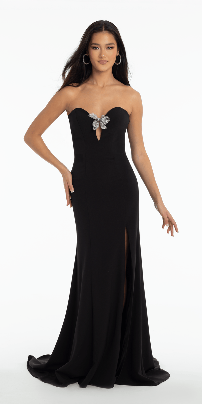black/size/4/ missy/Camille La Vie/Strapless Crepe Trumpet Dress with Organza Bow Back and Shawl/front alt