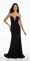black/size/4/ missy/Camille La Vie/Strapless Crepe Trumpet Dress with Organza Bow Back and Shawl/front alt