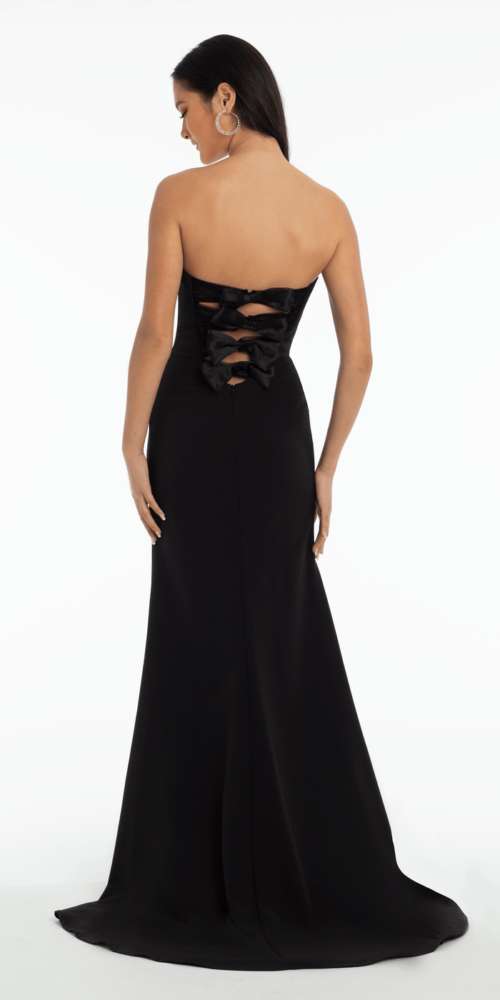 black/size/4/ missy/Camille La Vie/Strapless Crepe Trumpet Dress with Organza Bow Back and Shawl/back