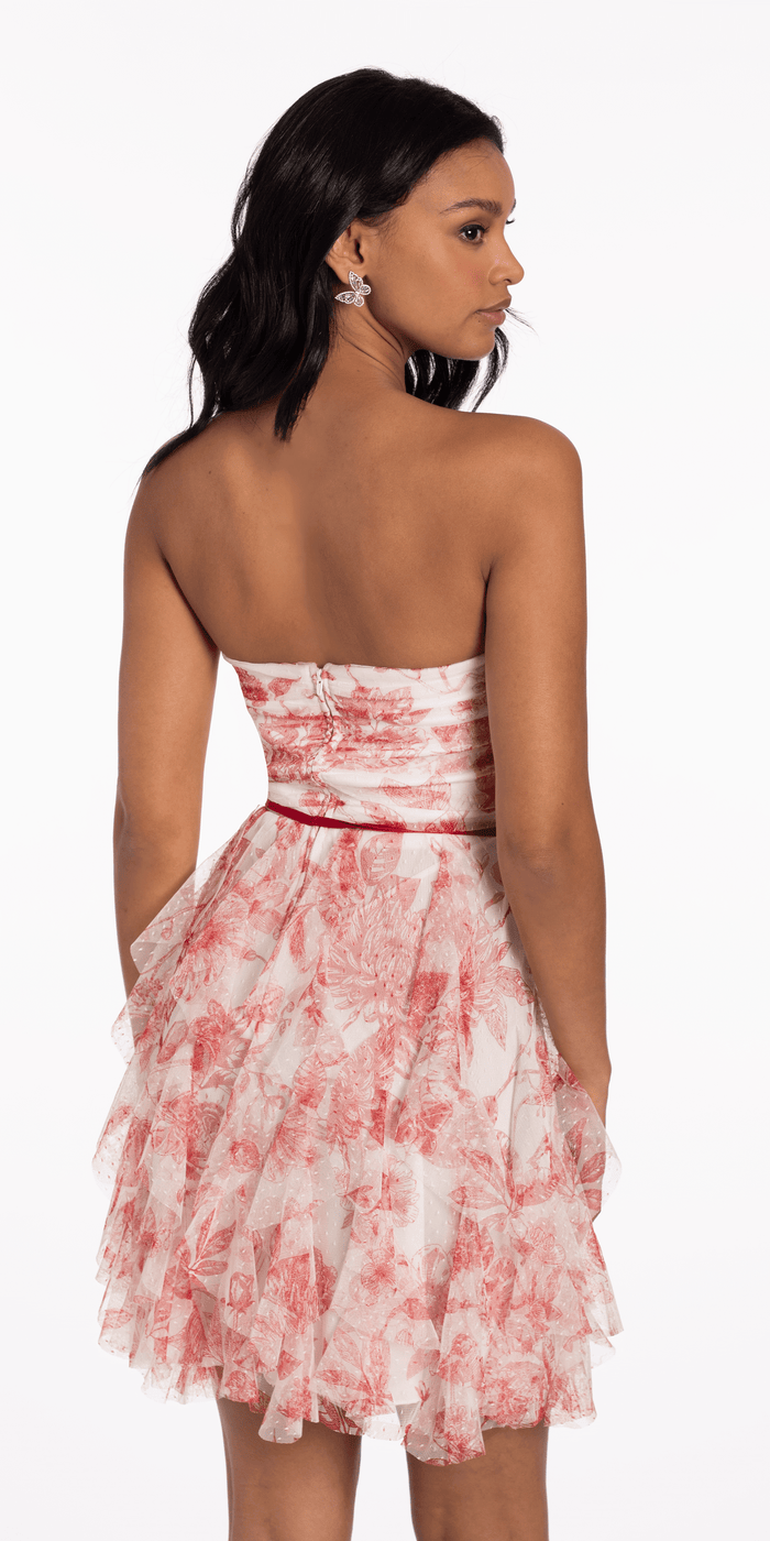 Strapless Floral Mesh Tiered Fit and Flare Dress - Camille La Vie