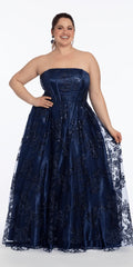 navy/size/14/plus/Camille La Vie/Strapless Glitter Mesh Corset Ballgown/front