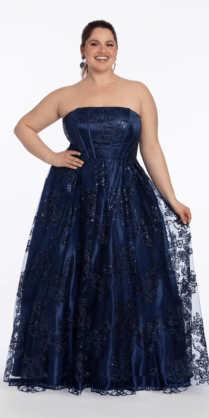 navy/size/14/plus/Camille La Vie/Strapless Glitter Mesh Corset Ballgown/front