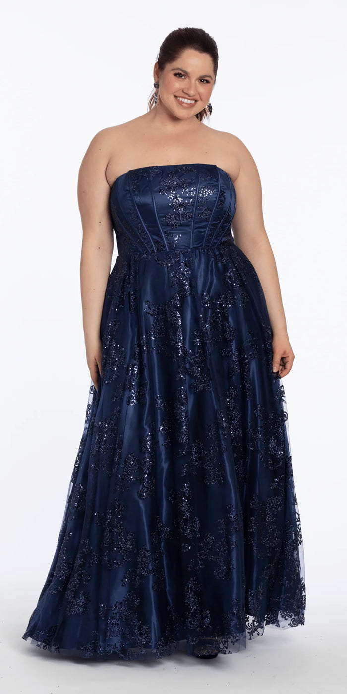 navy/size/14/plus/Camille La Vie/Strapless Glitter Mesh Corset Ballgown/front alt