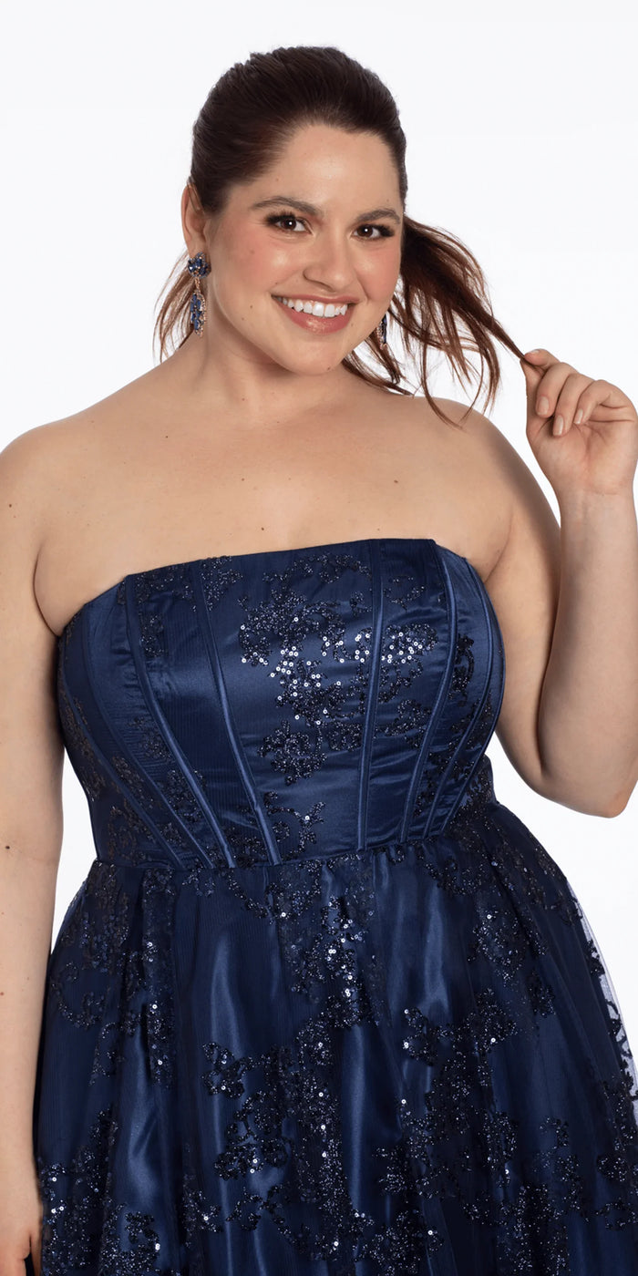 navy/size/14/plus/Camille La Vie/Strapless Glitter Mesh Corset Ballgown/close up