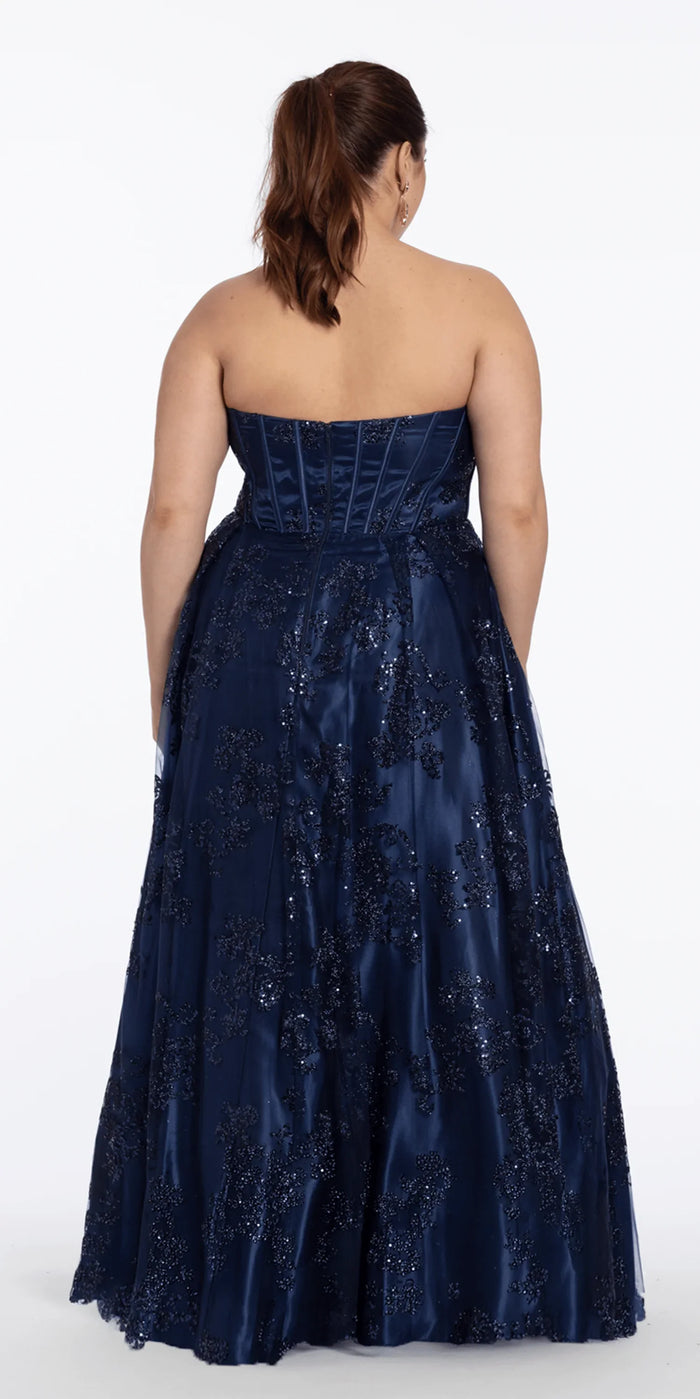 navy/size/14/plus/Camille La Vie/Strapless Glitter Mesh Corset Ballgown/back