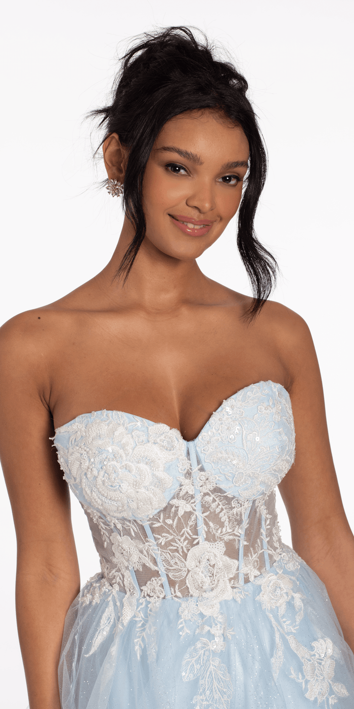 light-blue/size/4/missy/Camille La Vie/Strapless Pearl Embellished Corset Glitter Fit and Flare Dress/close up