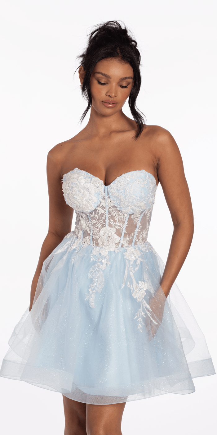 light-blue/size/4/missy/Camille La Vie/Strapless Pearl Embellished Corset Glitter Fit and Flare Dress/front 1 alt
