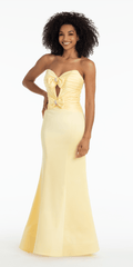 yellow/size/4/ missy/Camille La Vie/Strapless Pleated Cut Out Double Bow Trumpet Dress/front
