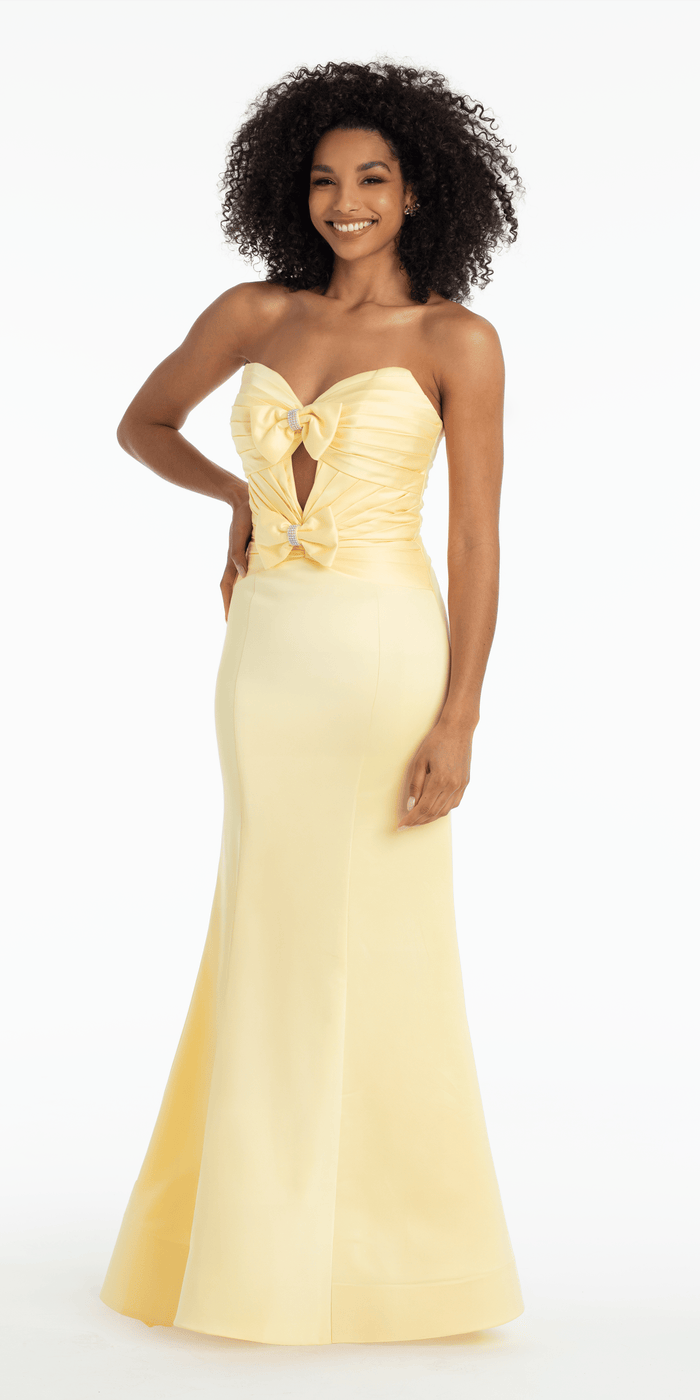 yellow/size/4/ missy/Camille La Vie/Strapless Pleated Cut Out Double Bow Trumpet Dress/front