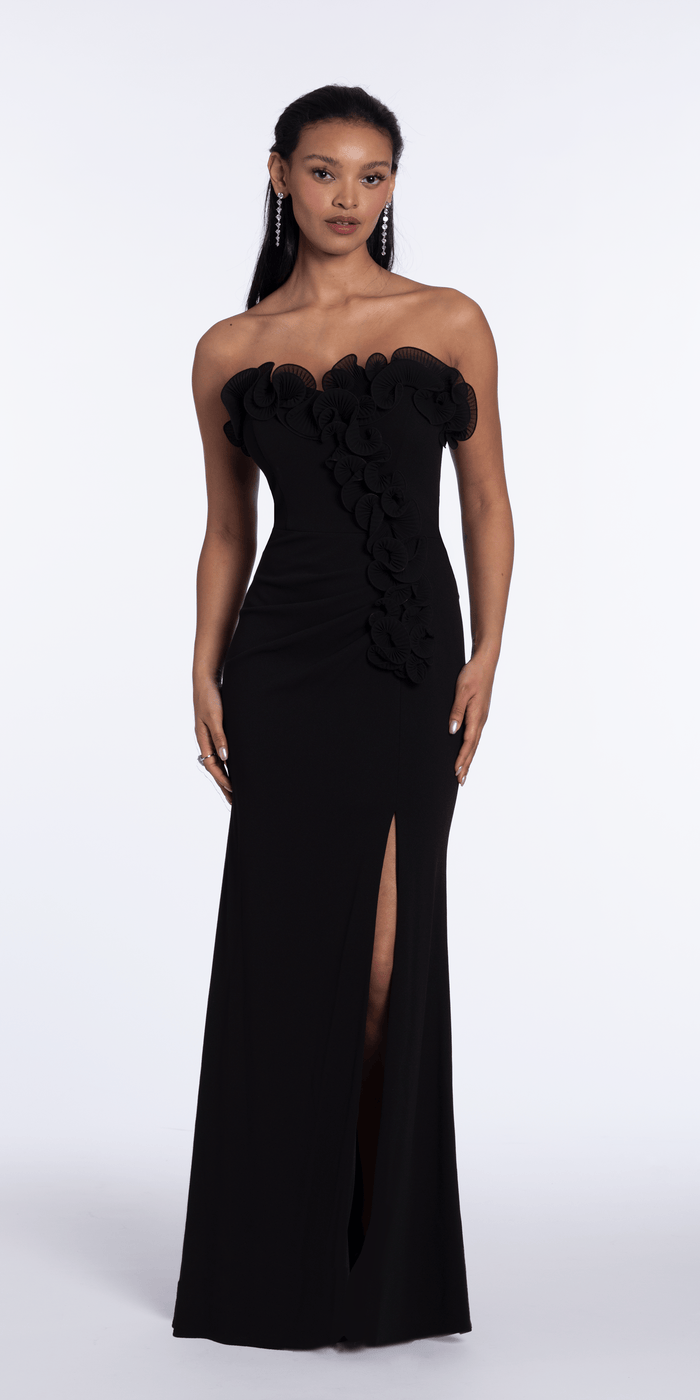 black/size/4/missy/Camille La Vie/Strapless Ruffle Crepe Column Dress with Side Ruffle/front