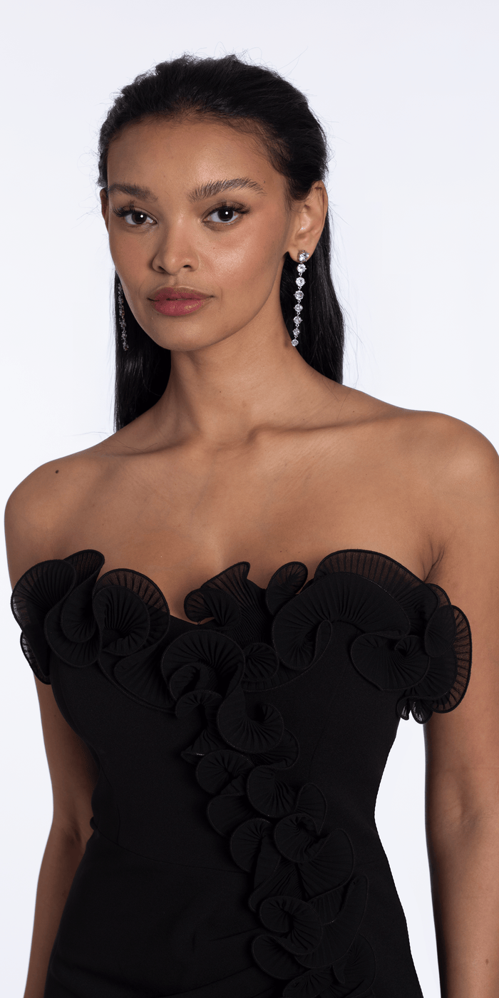 black/size/4/missy/Camille La Vie/Strapless Ruffle Crepe Column Dress with Side Ruffle/close up