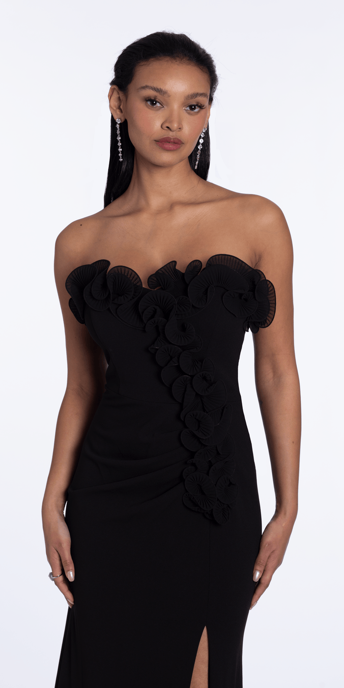 black/size/4/missy/Camille La Vie/Strapless Ruffle Crepe Column Dress with Side Ruffle/close alt