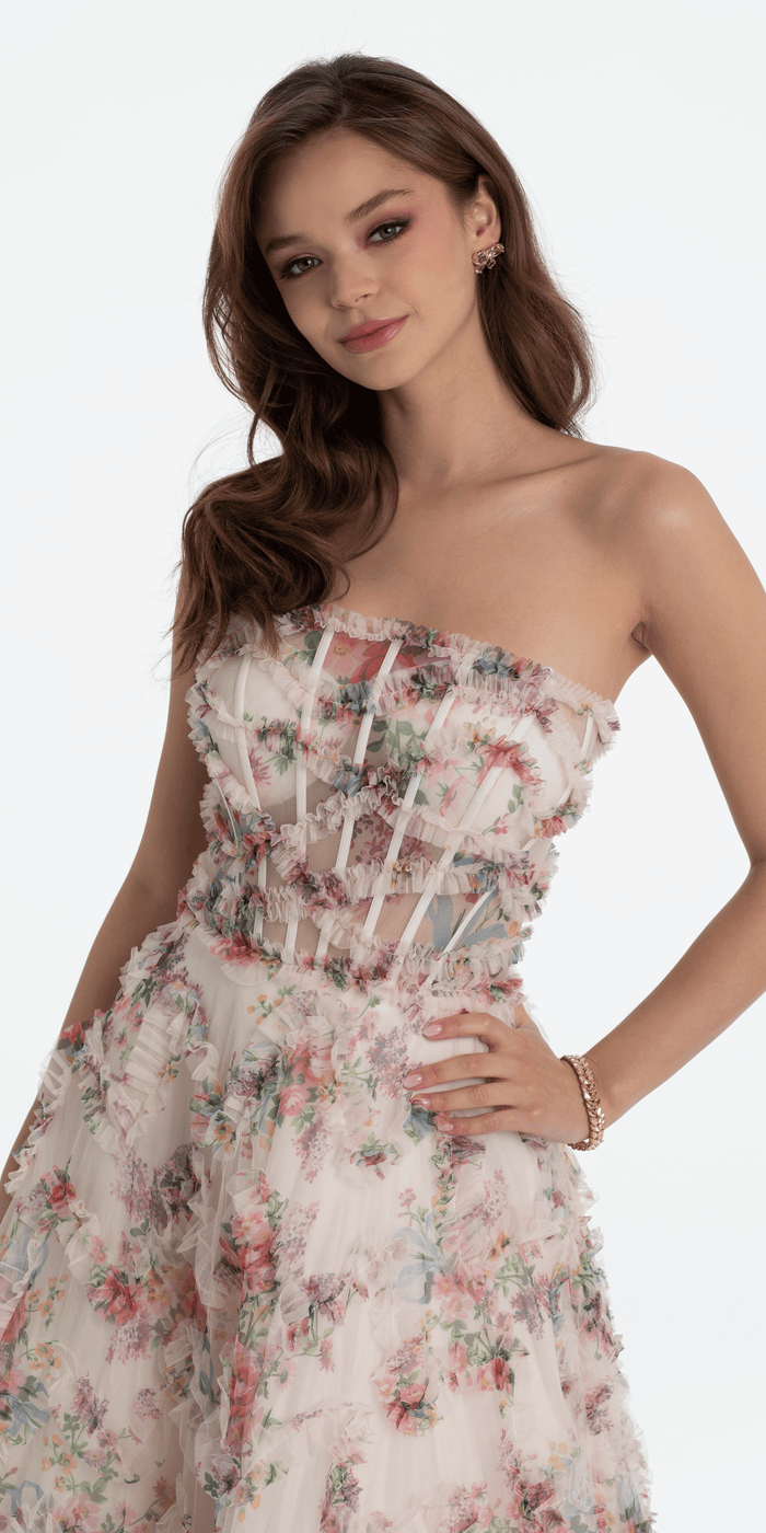 ivory-multi/size/4/missy/Camille La Vie/Strapless Ruffle Floral Print Ballgown/close up