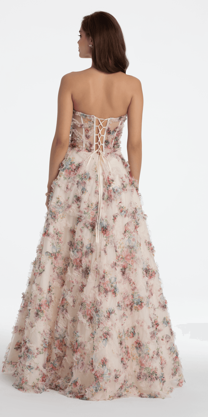 ivory-multi/size/4/missy/Camille La Vie/Strapless Ruffle Floral Print Ballgown/back