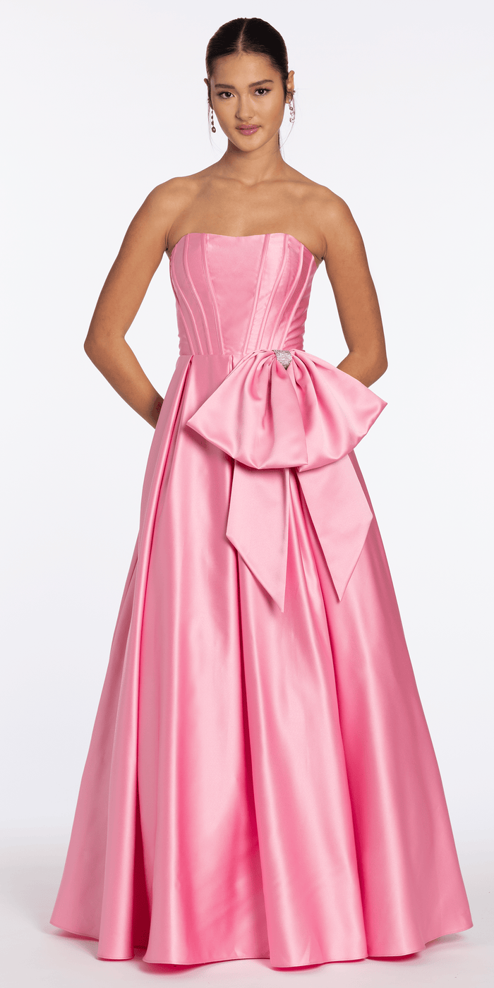 pink/size/4/missy/Camille La Vie/Strapless Satin Corset Ballgown with Side Bow/front