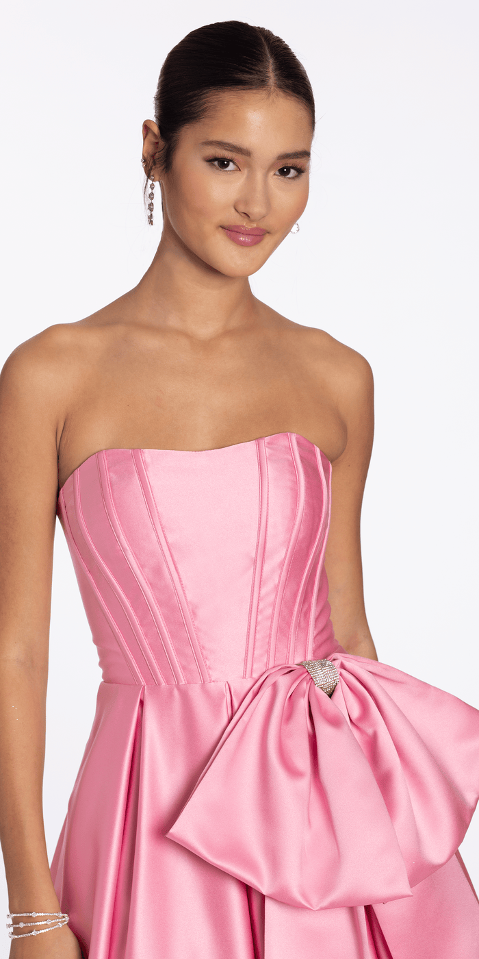 pink/size/4/missy/Camille La Vie/Strapless Satin Corset Ballgown with Side Bow/close up