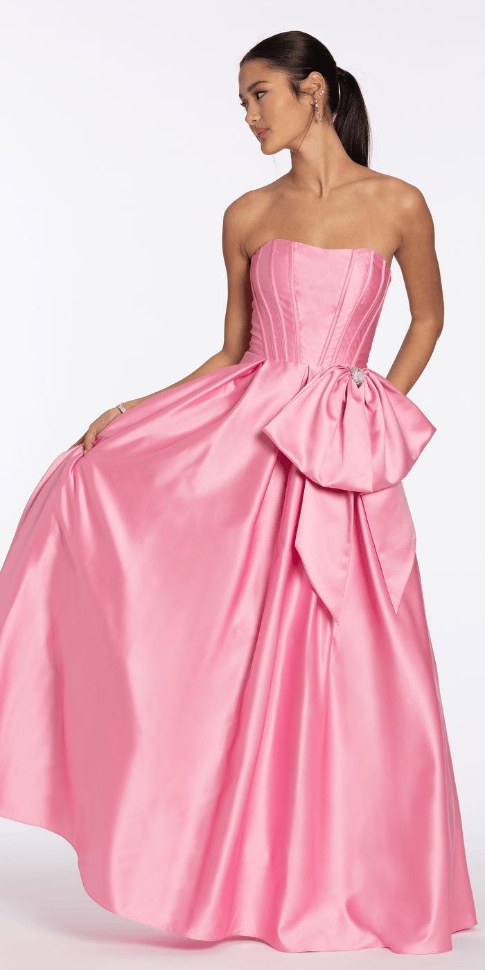 pink/size/4/missy/Camille La Vie/Strapless Satin Corset Ballgown with Side Bow/front alt