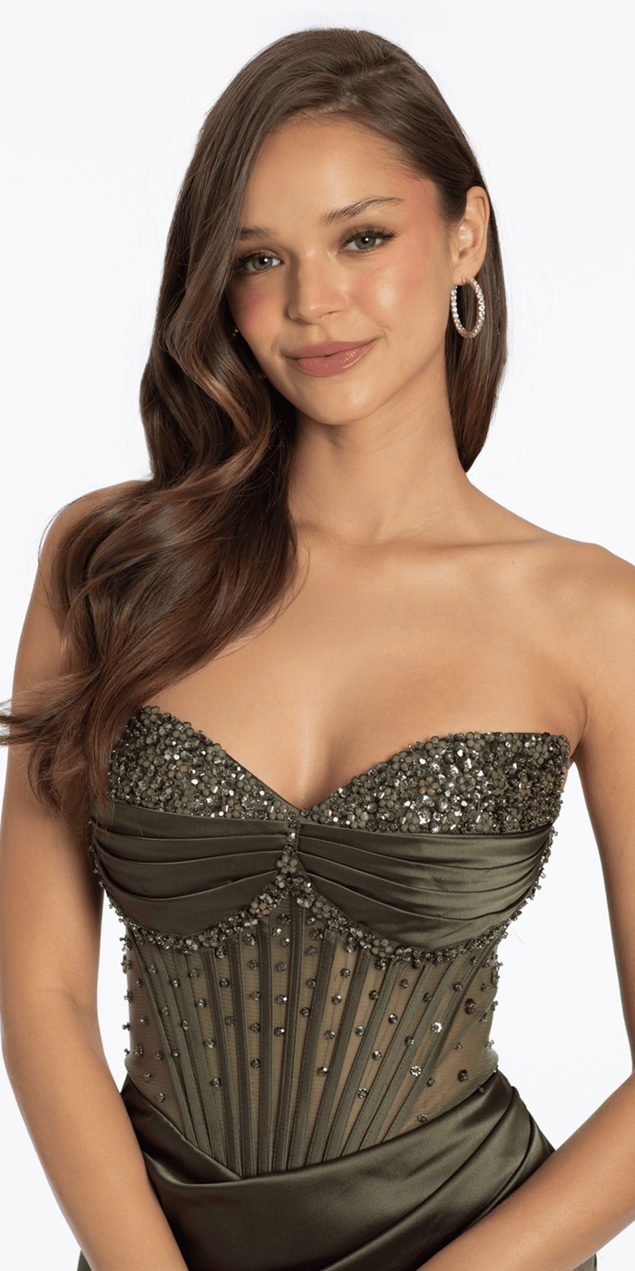 olive/size/4/missy/Camille La Vie/Strapless Satin Embellished Corset Column Dress/close up 2