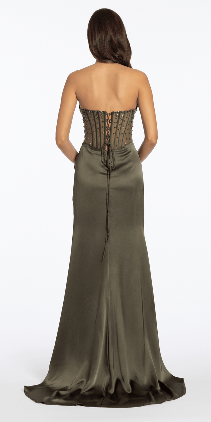 olive/size/4/missy/Camille La Vie/Strapless Satin Embellished Corset Column Dress/back