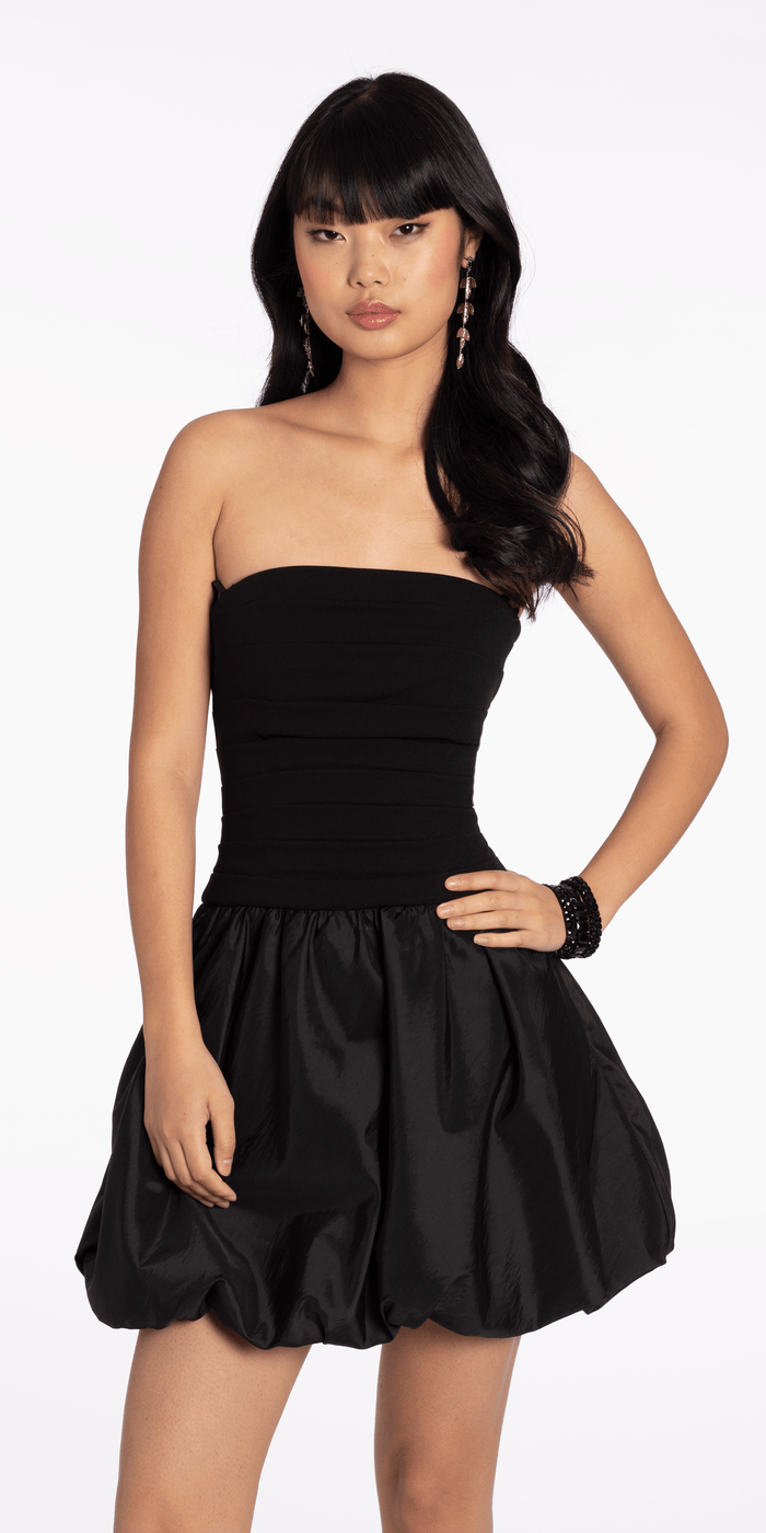 black/size/4/Camille La Vie/Strapless Scuba Fit and Flare Dress with Taffeta Bubble Hem /front alt