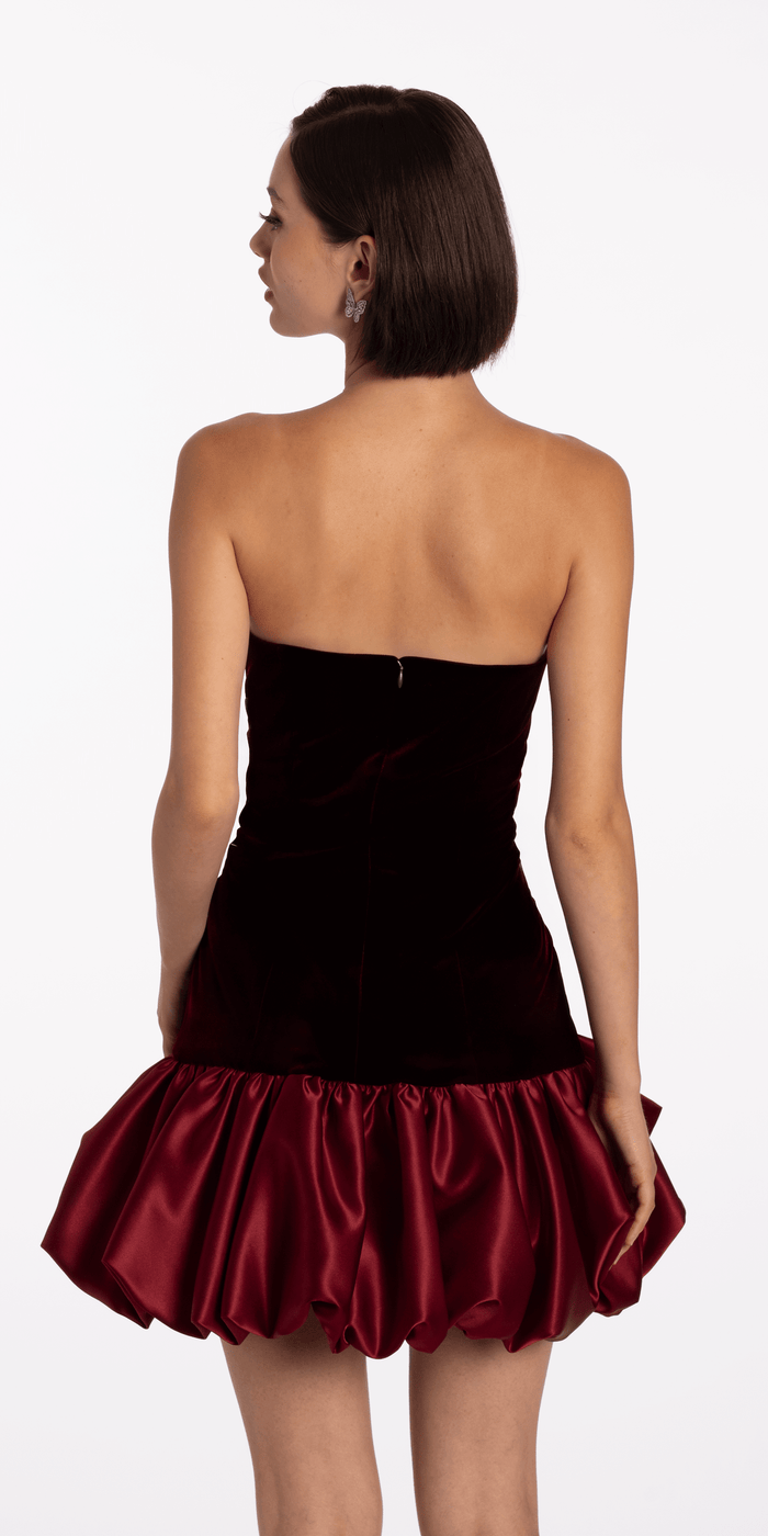 wine/size/4/missy/Camille La Vie/Strapless Velvet Bodycon Dress with Satin Bubble Hem/back