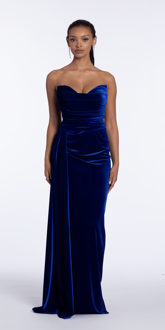 sapphire/size/6/missy/Camille La Vie/Strapless Velvet Column Dress with Ruching and Side Cascade/front alt