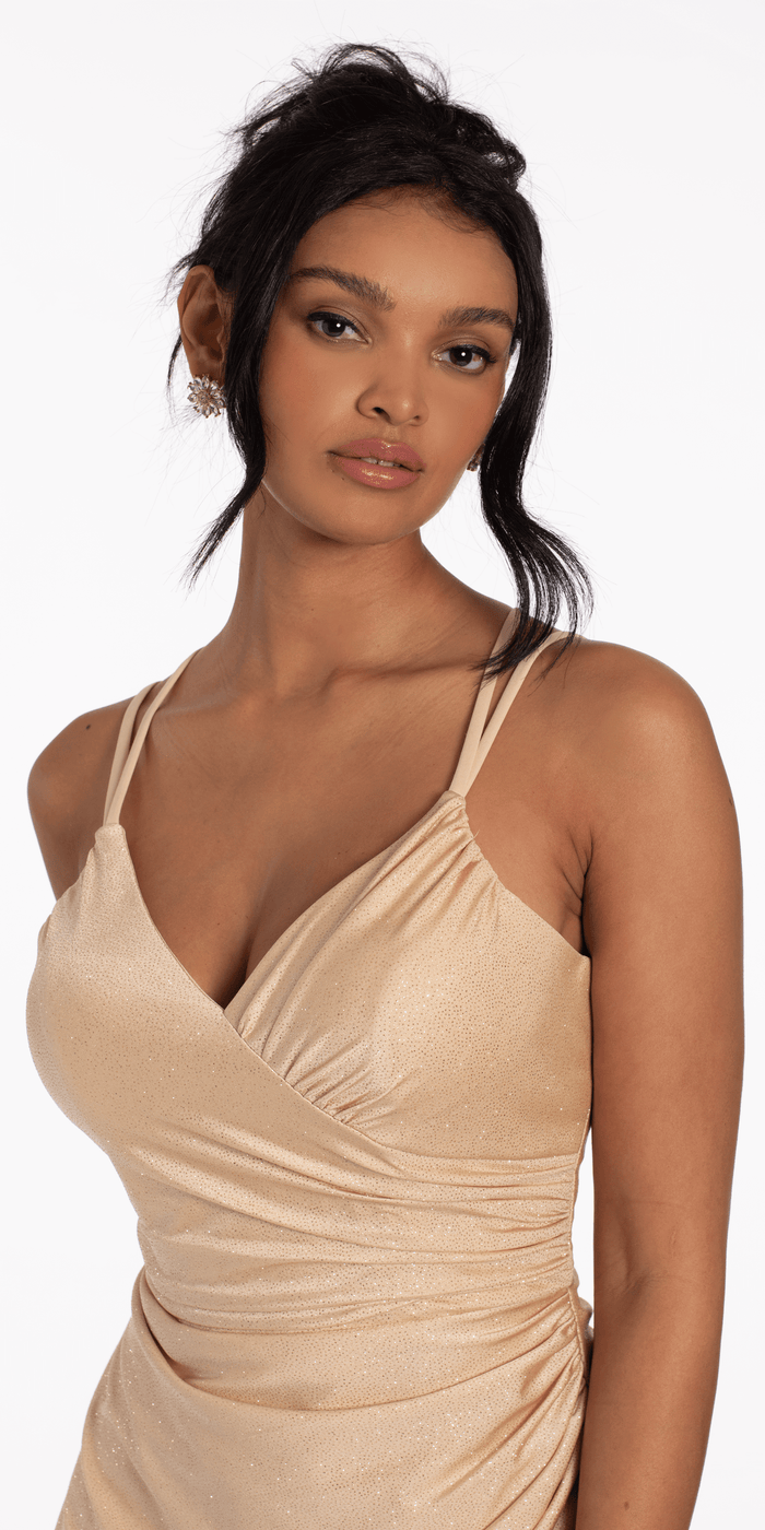 champagne/size/4/missy/Camille La Vie/Strappy Back Glitter Bodycon Dress with Ruching/close up