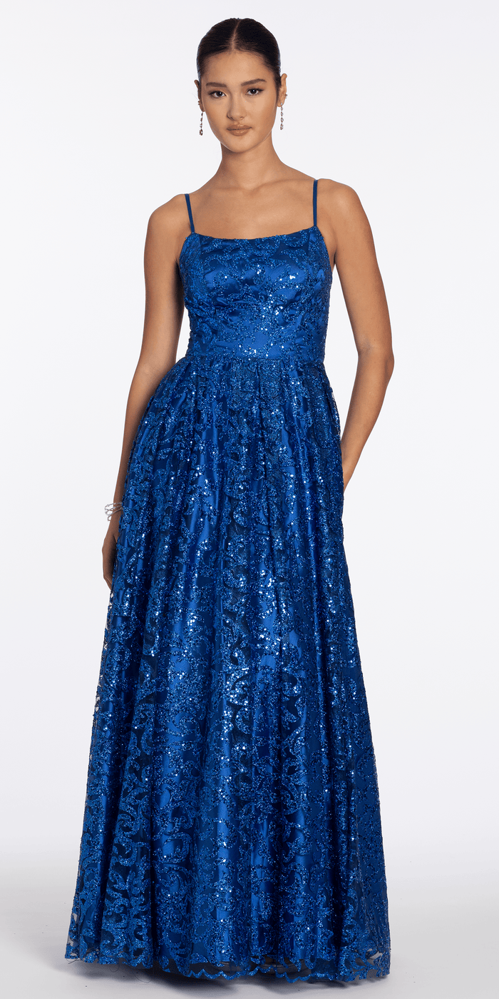 royal-blue/size/4/missy/Camille La Vie/Strappy Back Glitter Mesh Ballgown with Pocket/front alt