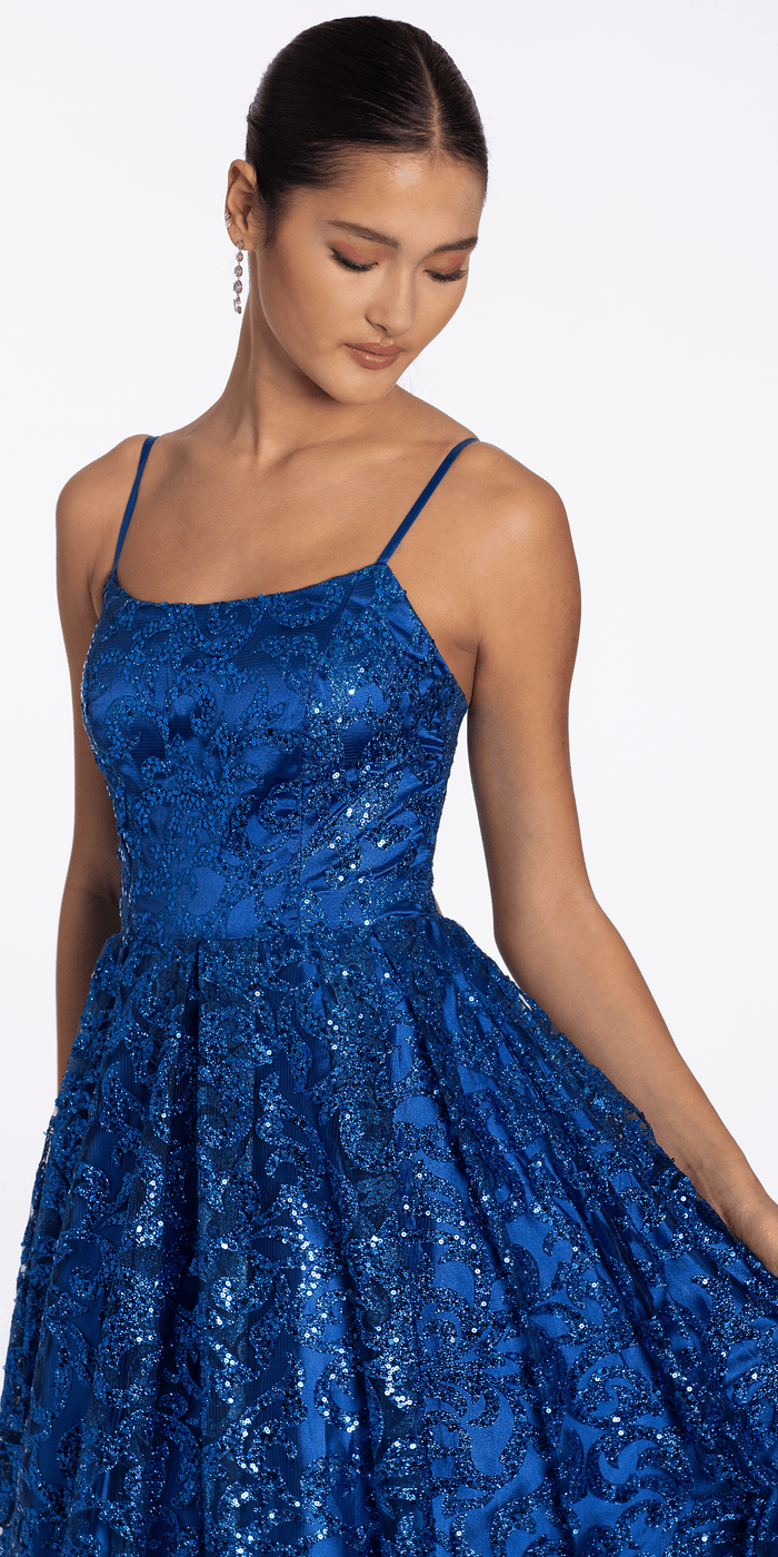 royal-blue/size/4/missy/Camille La Vie/Strappy Back Glitter Mesh Ballgown with Pocket/close up