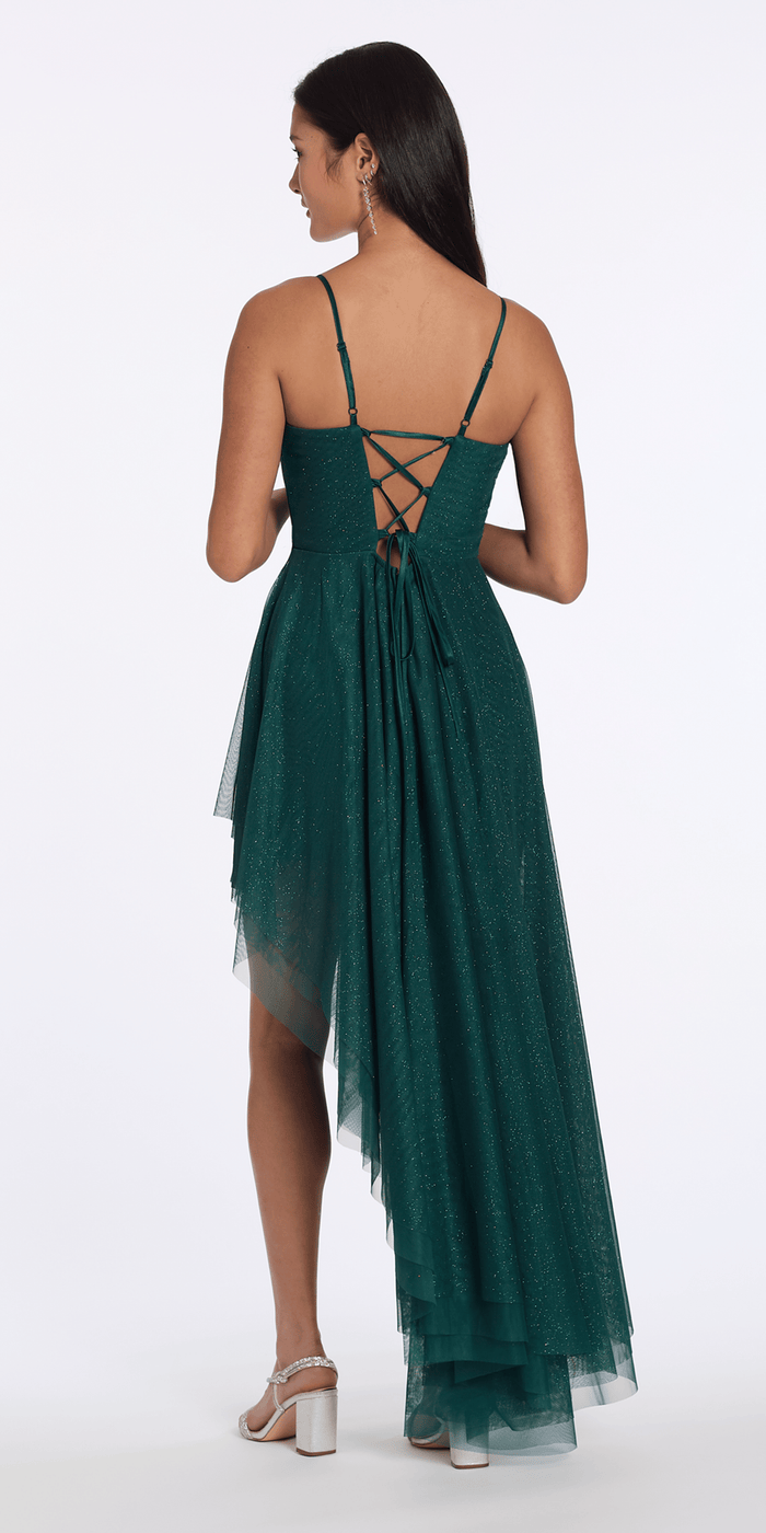 Camille La Vie Strappy Back Glitter Mesh Sweetheart Corset High-Low Dress