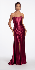 Camille La Vie Strappy Back Satin Column Corset Dress with Side Slit missy / 2 / wine
