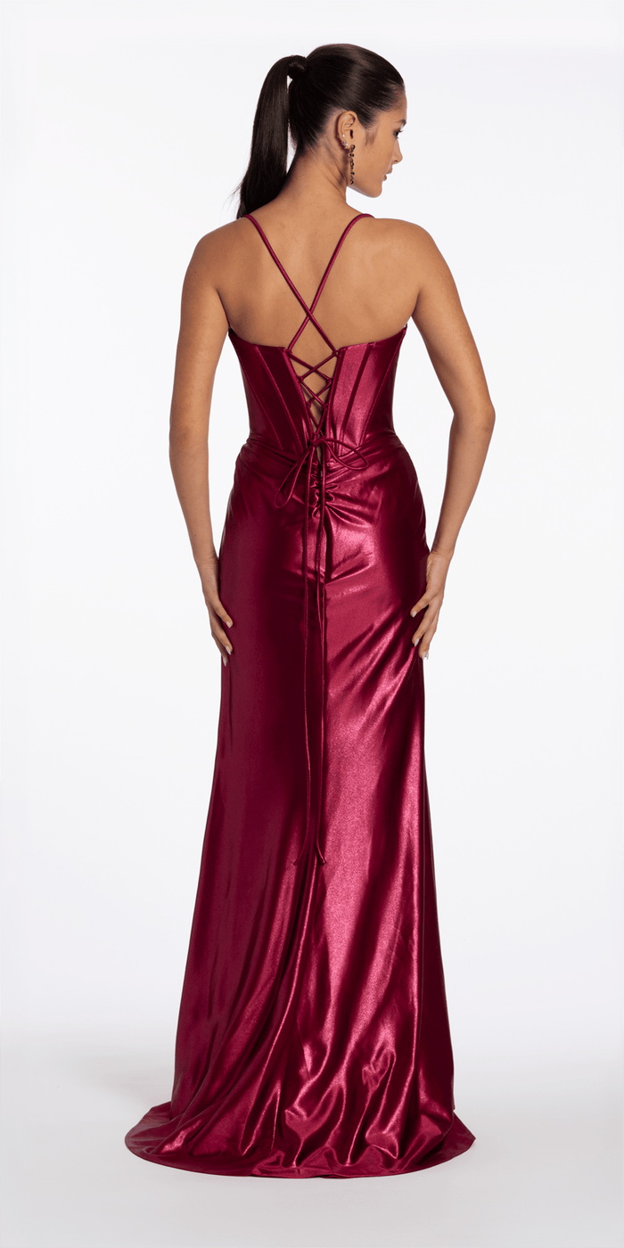 Camille La Vie Strappy Back Satin Column Corset Dress with Side Slit