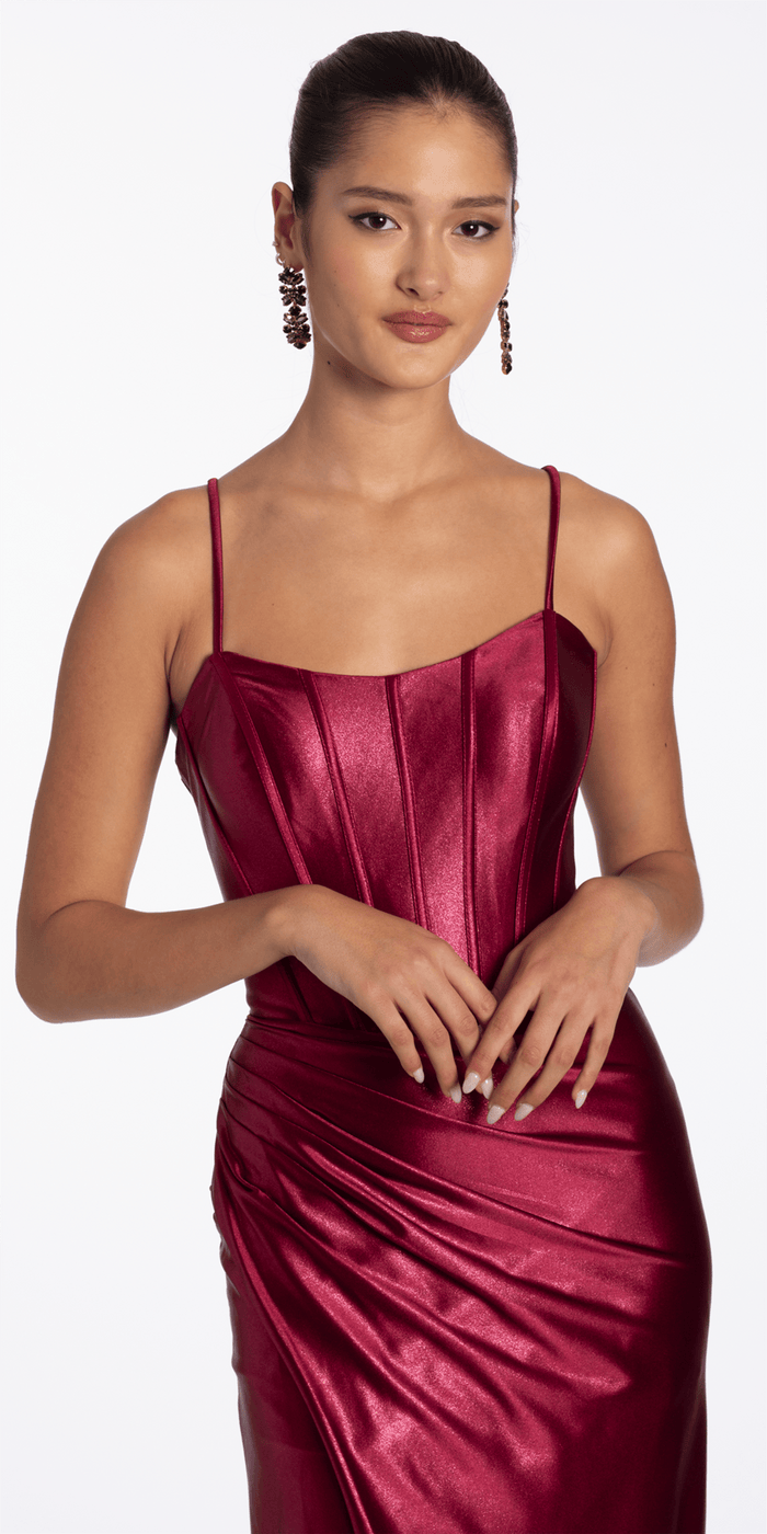 Camille La Vie Strappy Back Satin Column Corset Dress with Side Slit