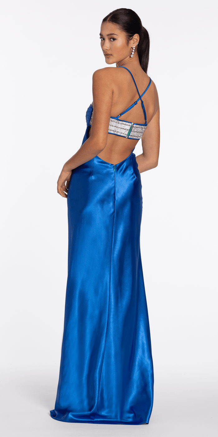 azure/size/4/ missy/Camille La Vie/Strappy Back Satin Rhinestone Sweetheart Column Dress Vie/back