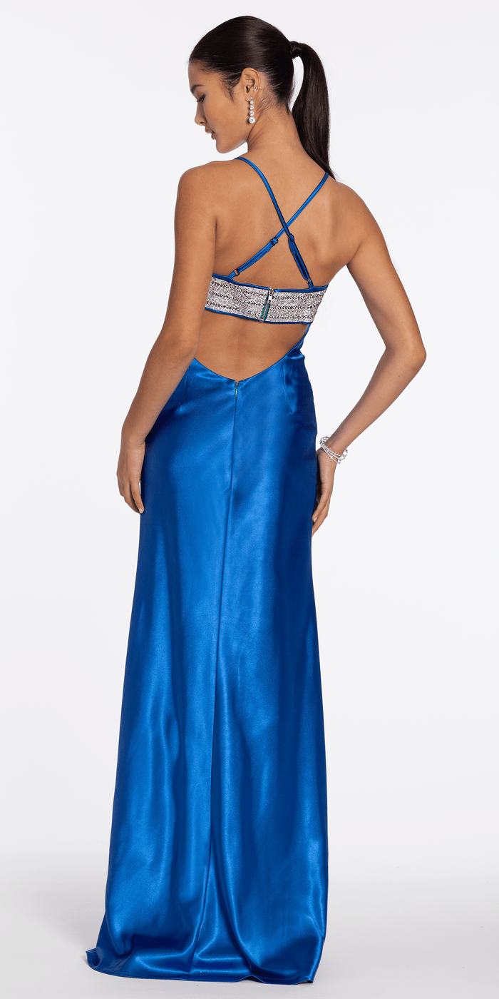 azure/size/4/ missy/Camille La Vie/Strappy Back Satin Rhinestone Sweetheart Column Dress Vie/black alt