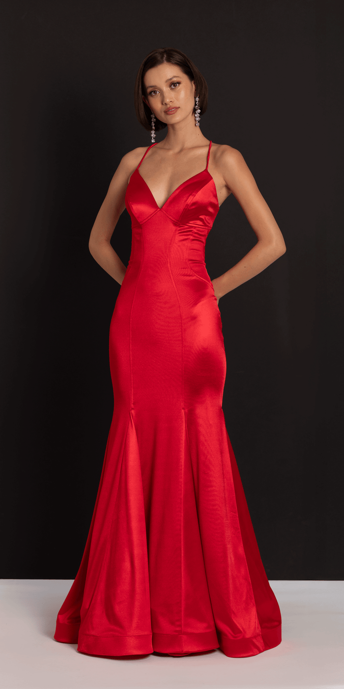red/size/4/missy/Camille La Vie/Strappy Back Satin Trumpet Dress with Godets /front alt
