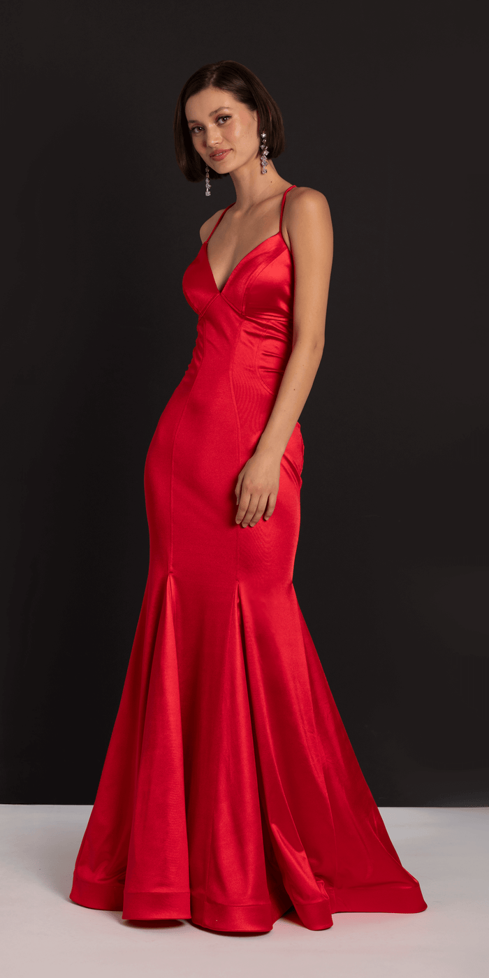 Strappy Back Satin Trumpet Dress with Godets - Camille La Vie