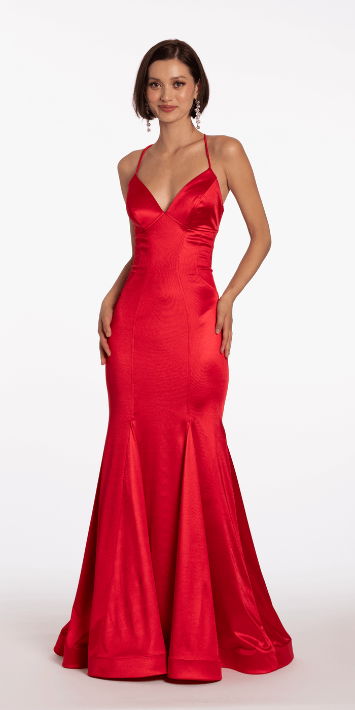 Strappy Back Satin Trumpet Dress with Godets - Camille La Vie