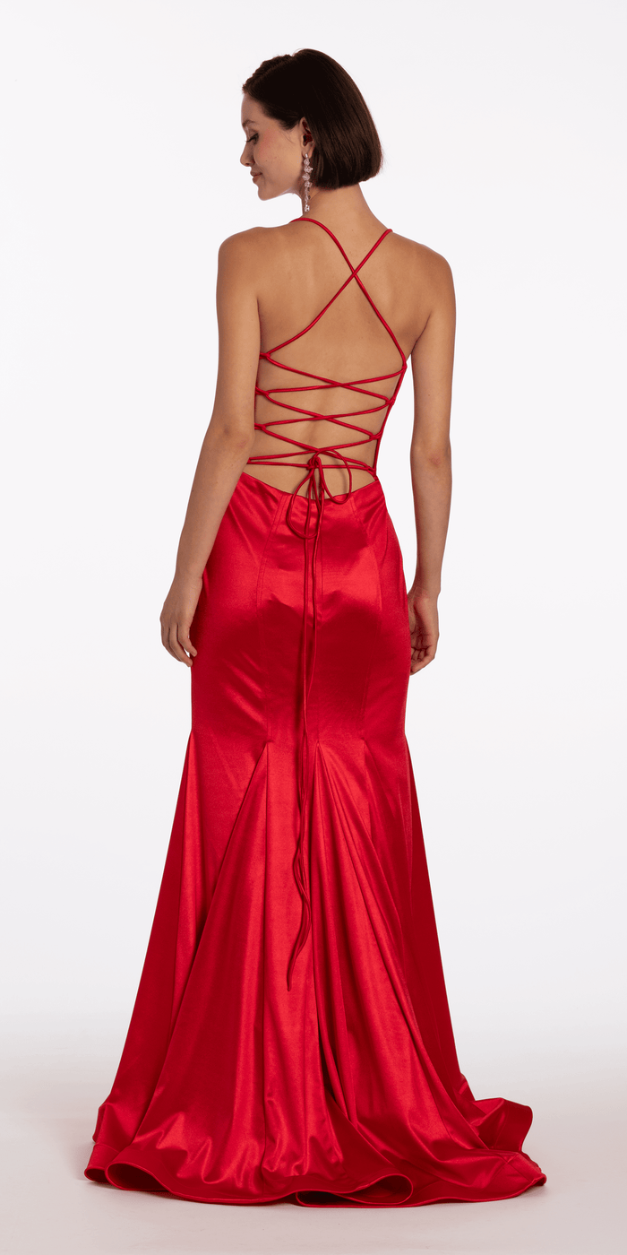 red/size/4/missy/Camille La Vie/Strappy Back Satin Trumpet Dress with Godets/back