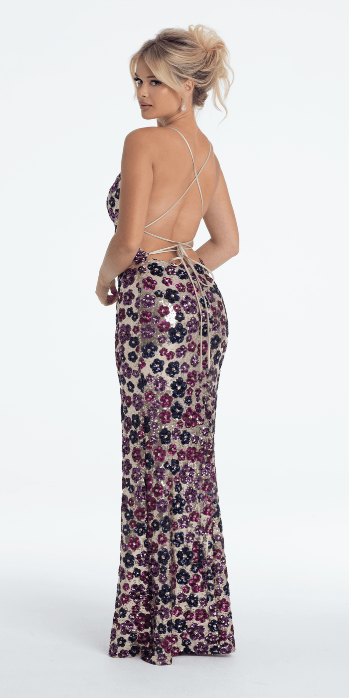 nude/size/4/missy/Camille La Vie/Strappy Back Sequin Daisy Column Dress with Side Slit/back