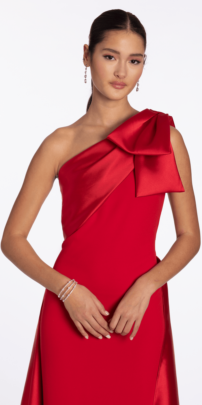 red/size/4/ missy/Camille La Vie/Stretch Crepe One Shoulder Dress with Mikado Cascades/close up